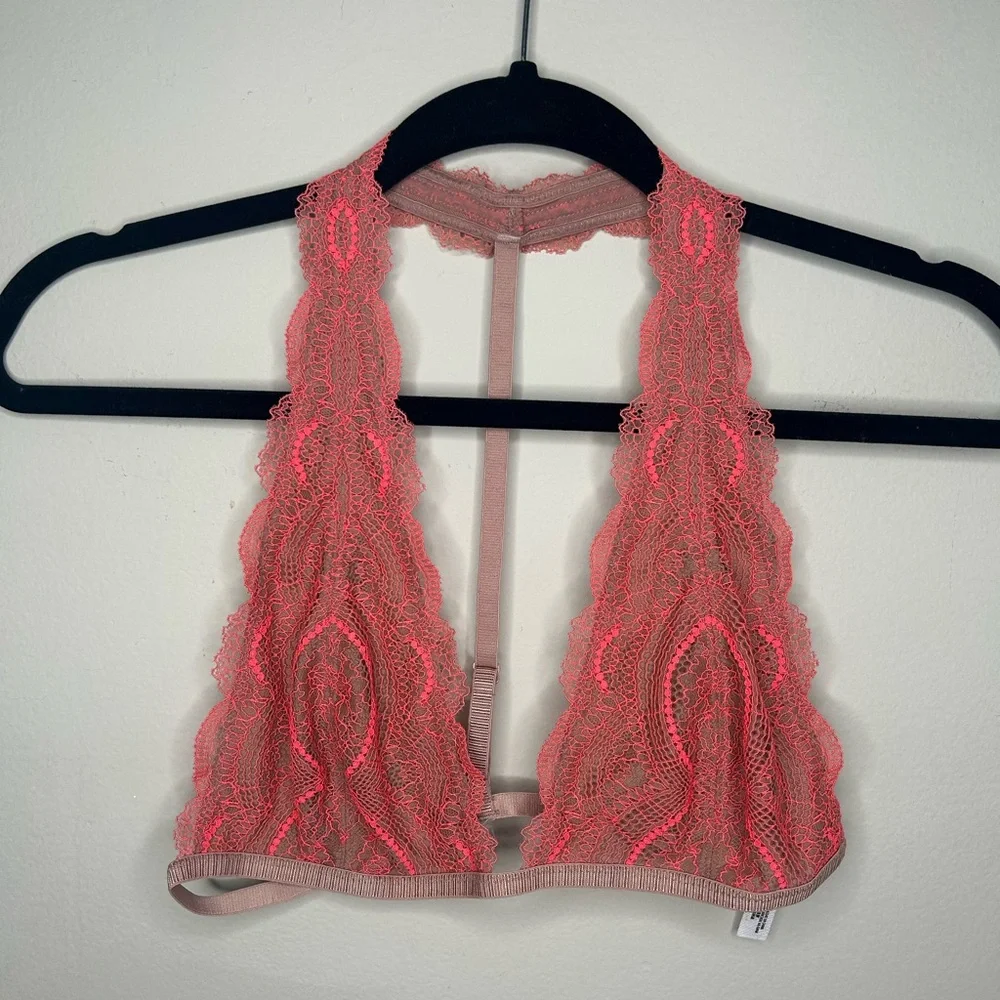 Free People Intimately Get Down Lace Halter Bralette Nude Neon Pink Size Medium